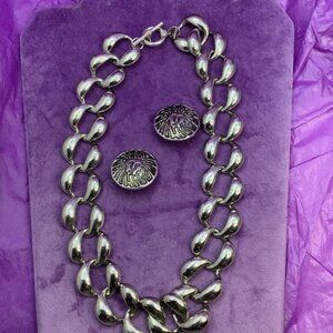 Anne Klein Silver Lion Earrings and Chain Necklace